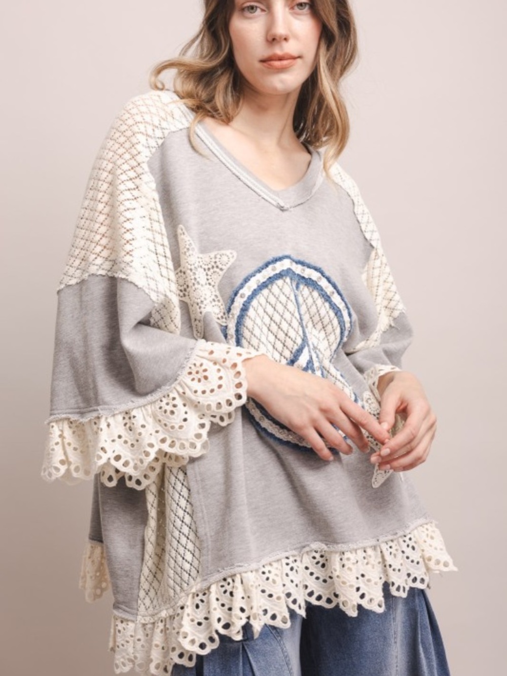 AMAZING Peace Sign Star Eyelet Ruffle Tunic